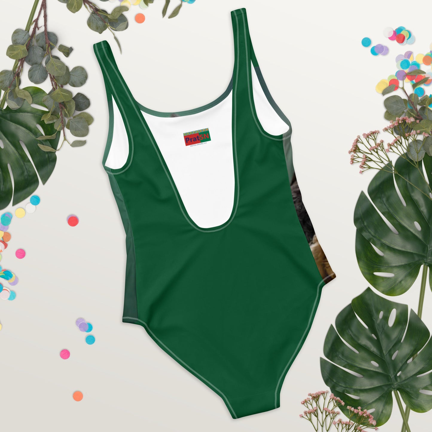 Women's One - Piece Swimsuit, Bird Pattern, Green Black Bathing Suit, vacation swimwear, holiday travel swimwear, mothers day gift - PratSN