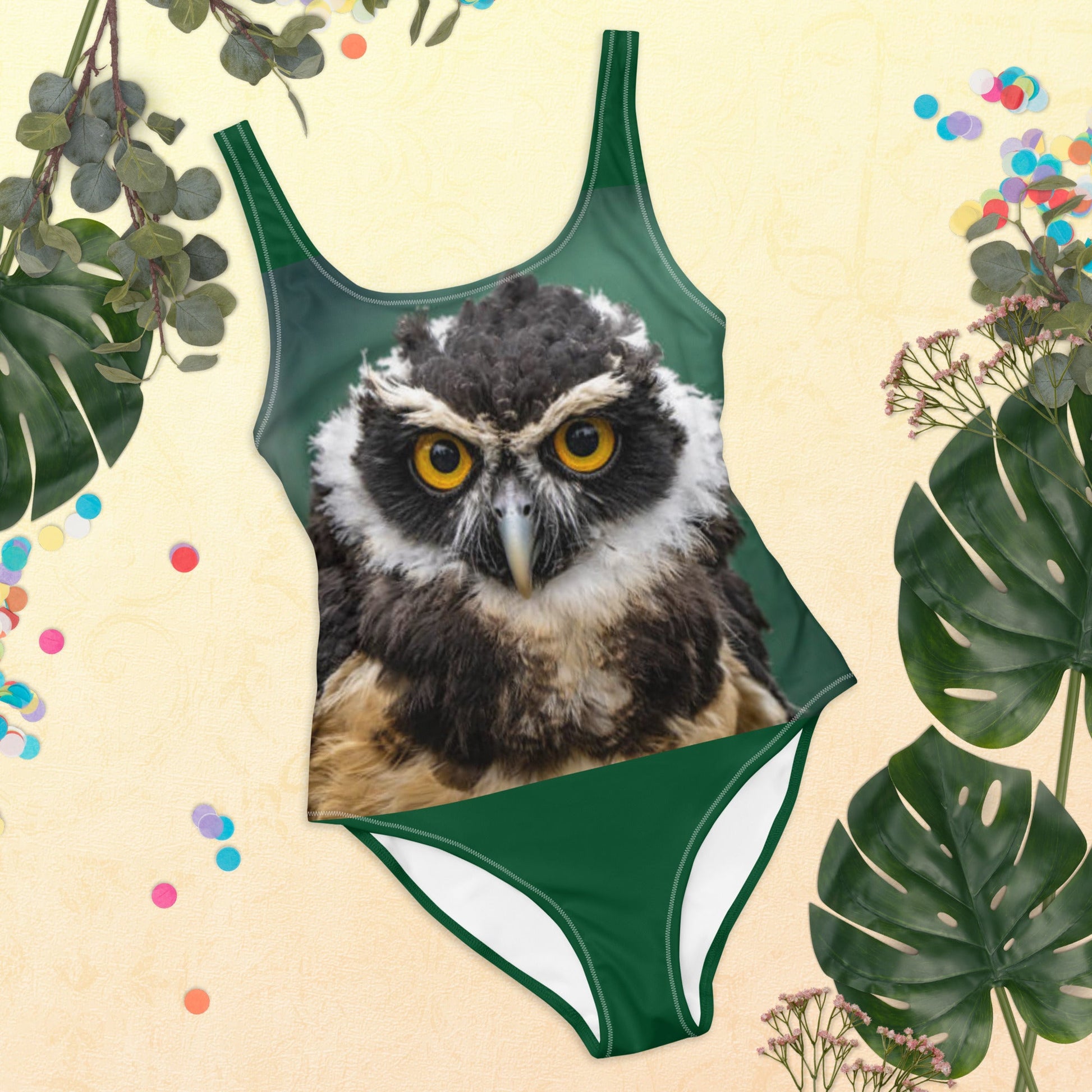 Women's One - Piece Swimsuit, Bird Pattern, Green Black Bathing Suit, vacation swimwear, holiday travel swimwear, mothers day gift - PratSN
