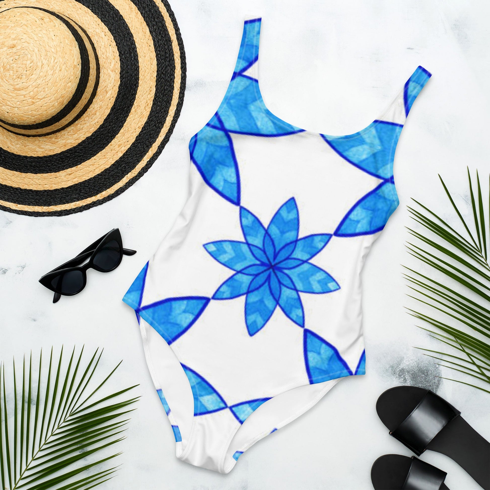 Women's One - Piece Swimsuit, Floral Blue and White Swimwear, bathing suits, Swimming Suits. - PratSN