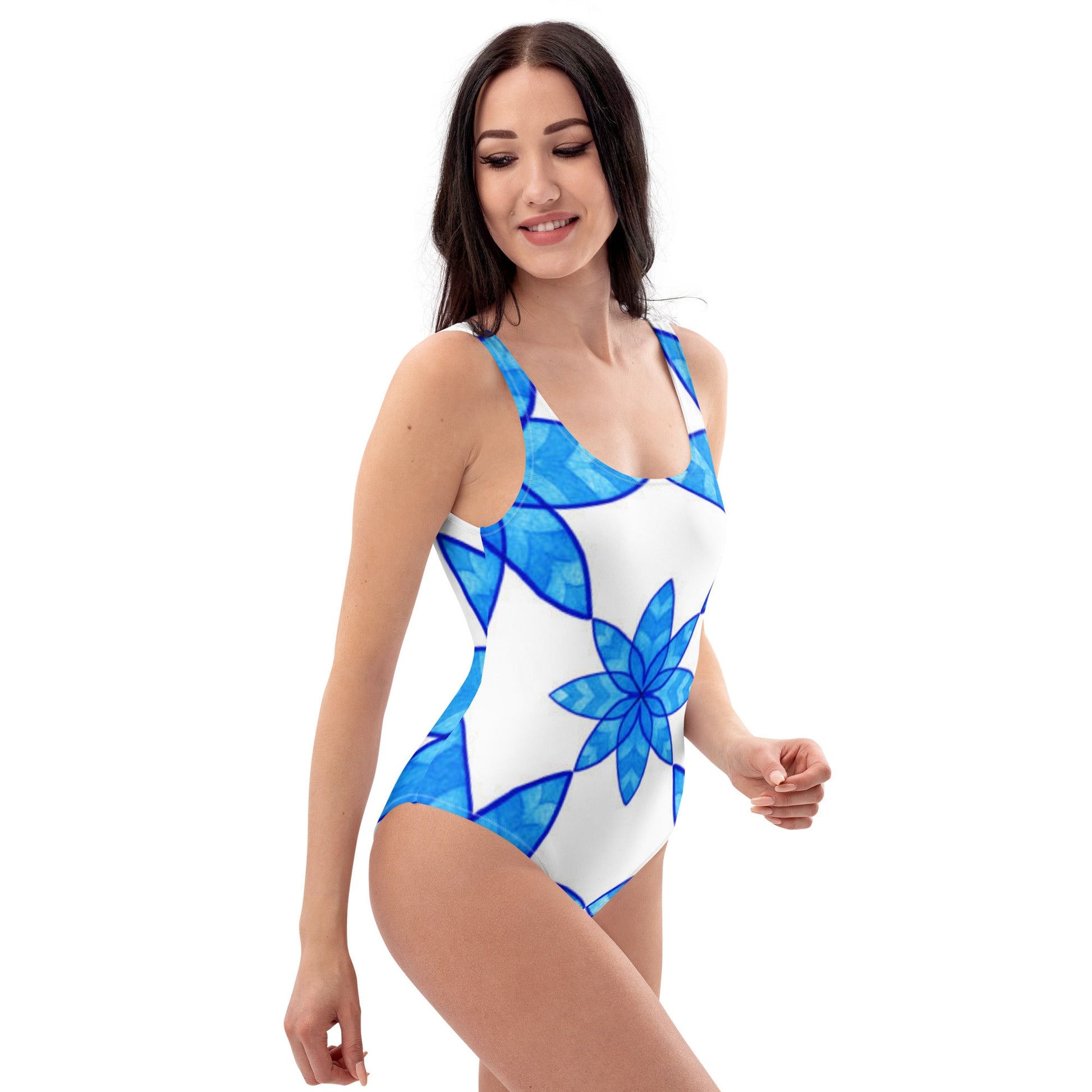 Women's One - Piece Swimsuit, Floral Blue and White Swimwear, bathing suits, Swimming Suits. - PratSN