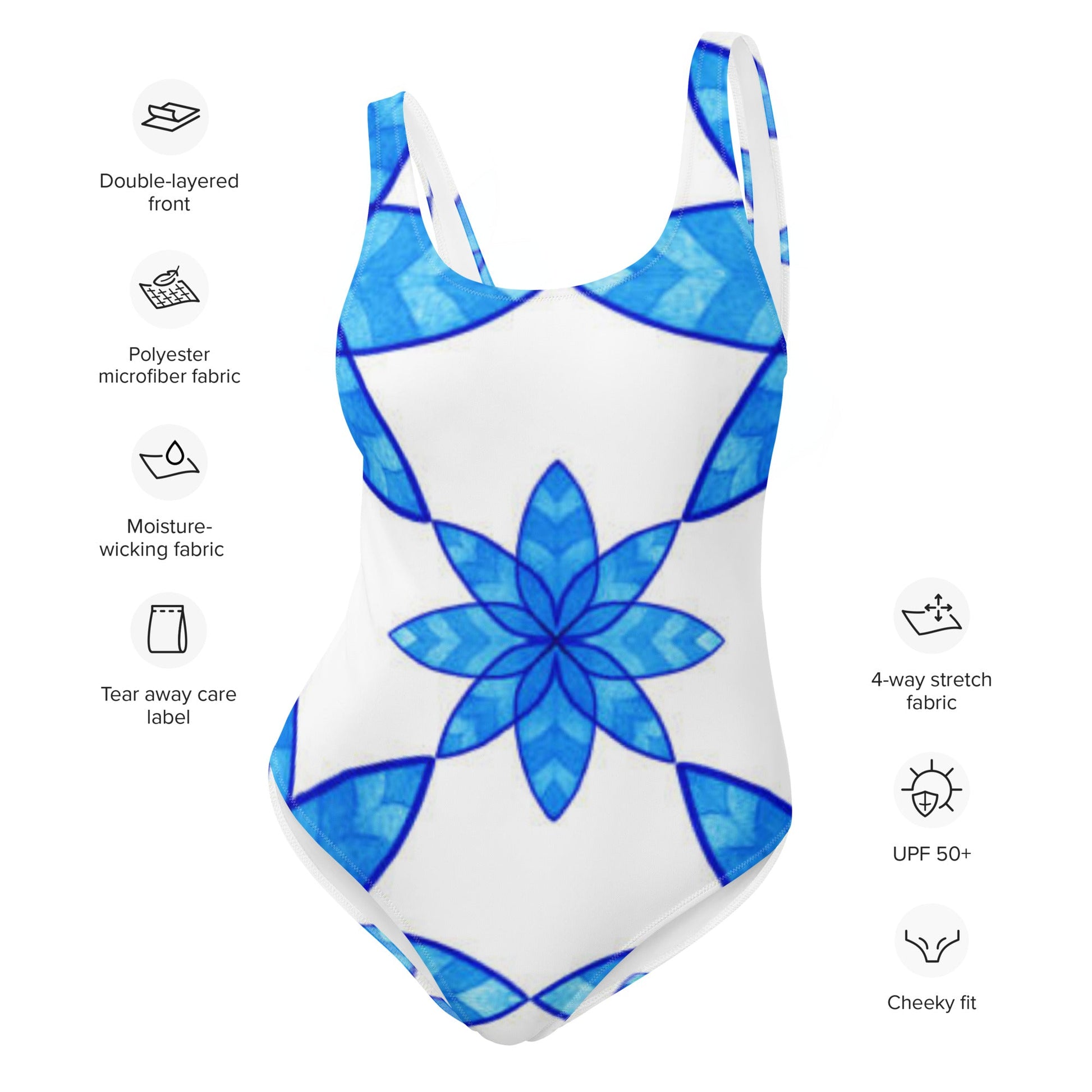Women's One - Piece Swimsuit, Floral Blue and White Swimwear, bathing suits, Swimming Suits. - PratSN