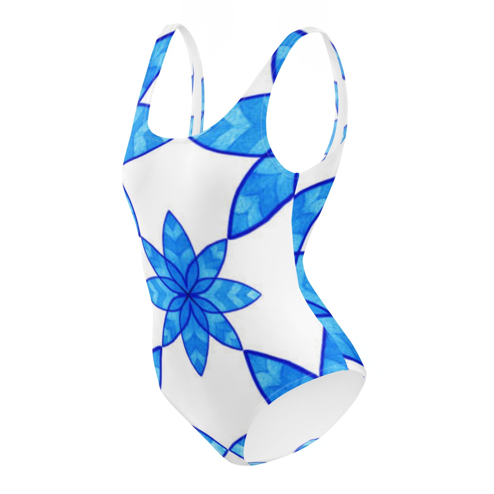 Women's One - Piece Swimsuit, Floral Blue and White Swimwear, bathing suits, Swimming Suits. - PratSN