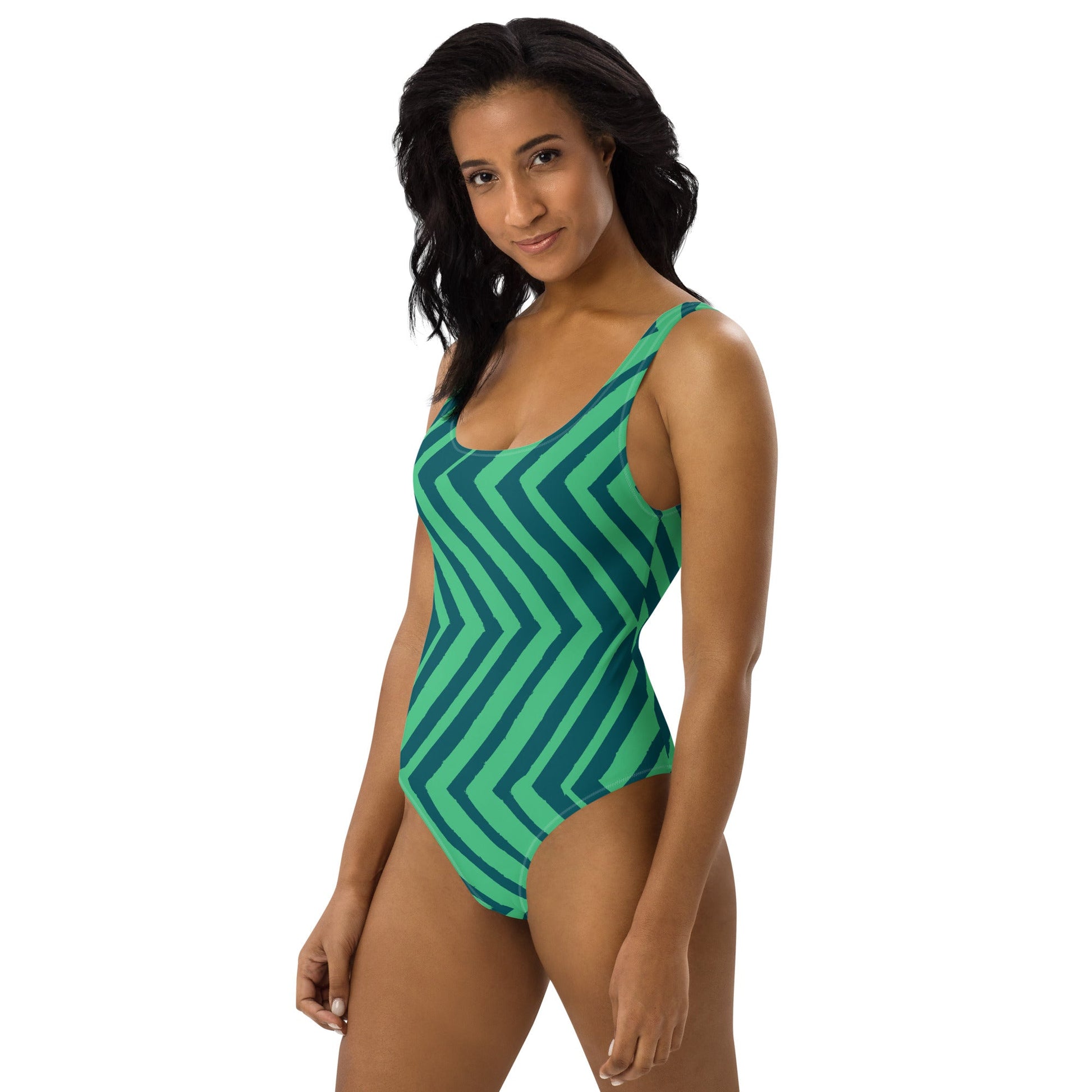 Women's One - Piece Swimsuit, Green zingzags Swimwear, Bathing Suit - PratSN