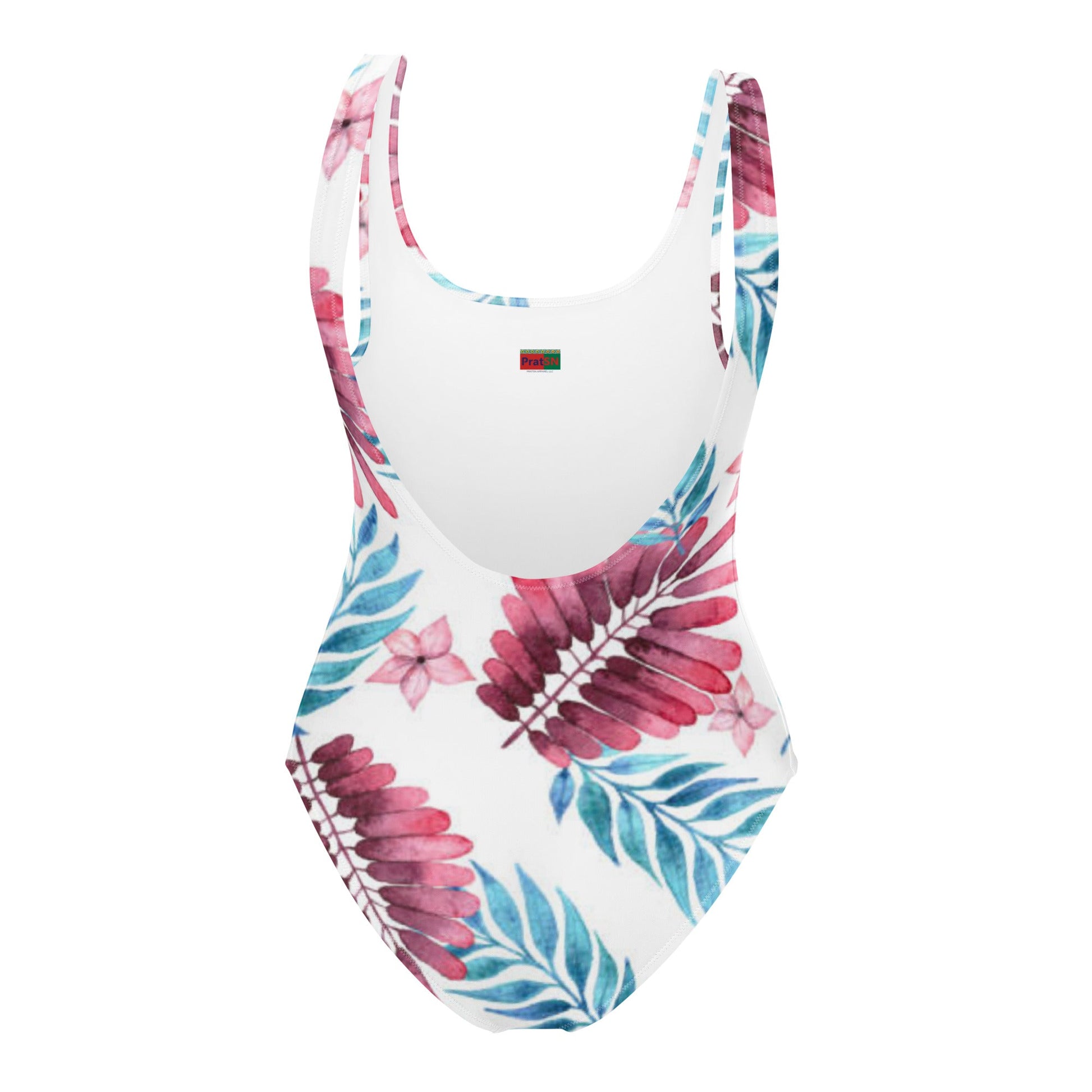 Women's One - Piece Swimsuit, Pink Blue White Leaf Pattern Outfit, Swimsuit, Beachwear, Bathing Suit - PratSN