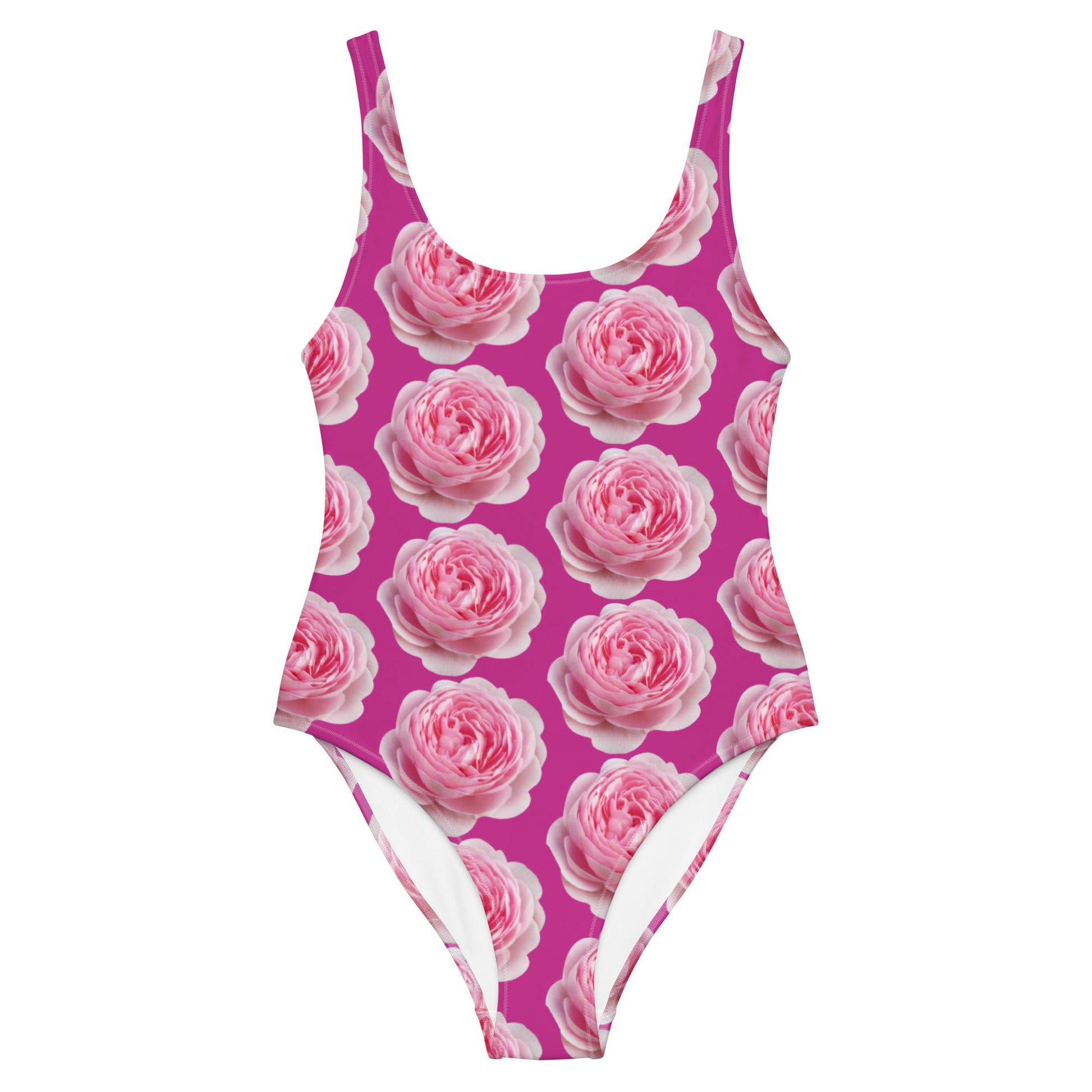 Women's One - Piece Swimsuit, Pink Peony Floral Bathing Suit, Medium Red Violet Summer Swimwear - PratSN
