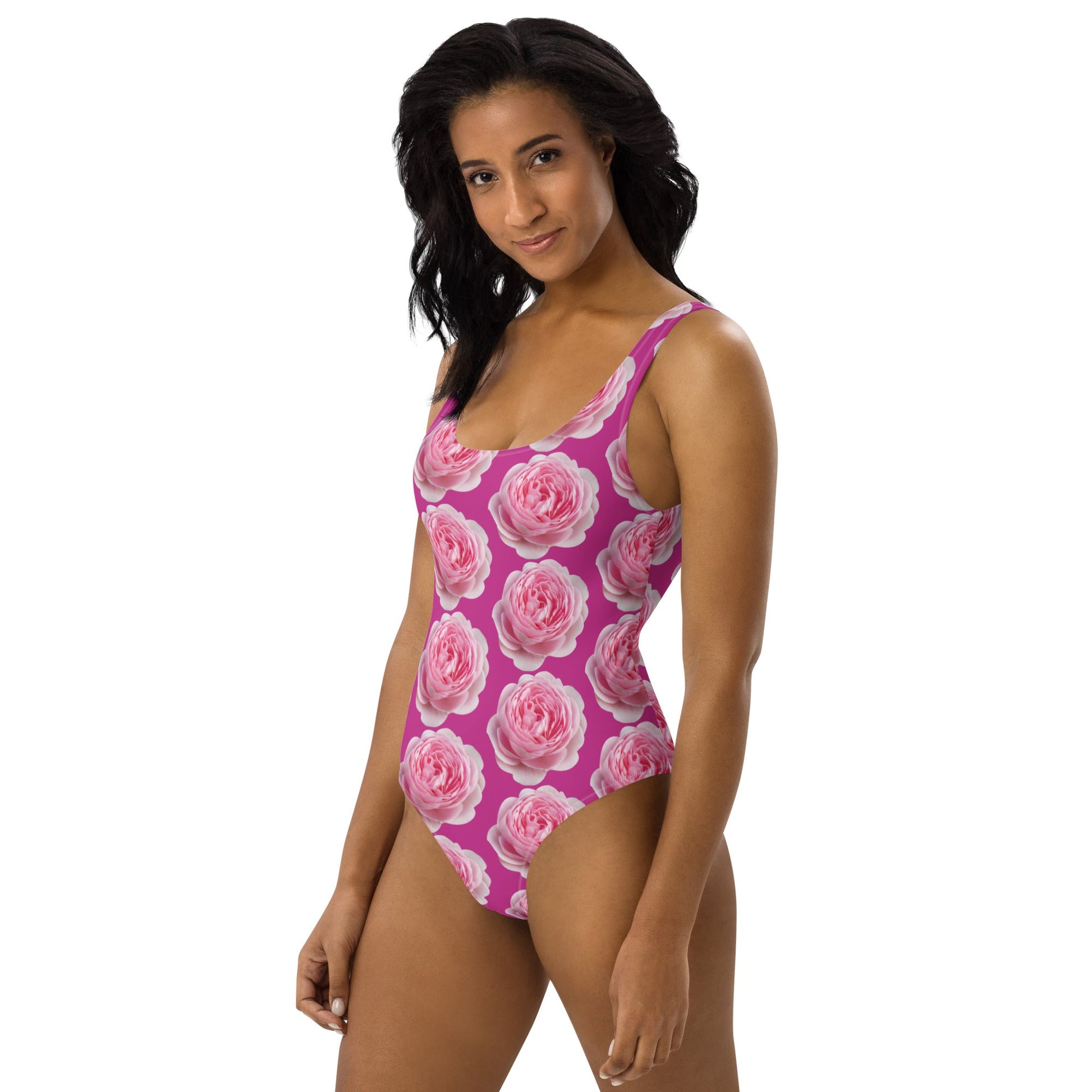 Women's One - Piece Swimsuit, Pink Peony Floral Bathing Suit, Medium Red Violet Summer Swimwear - PratSN