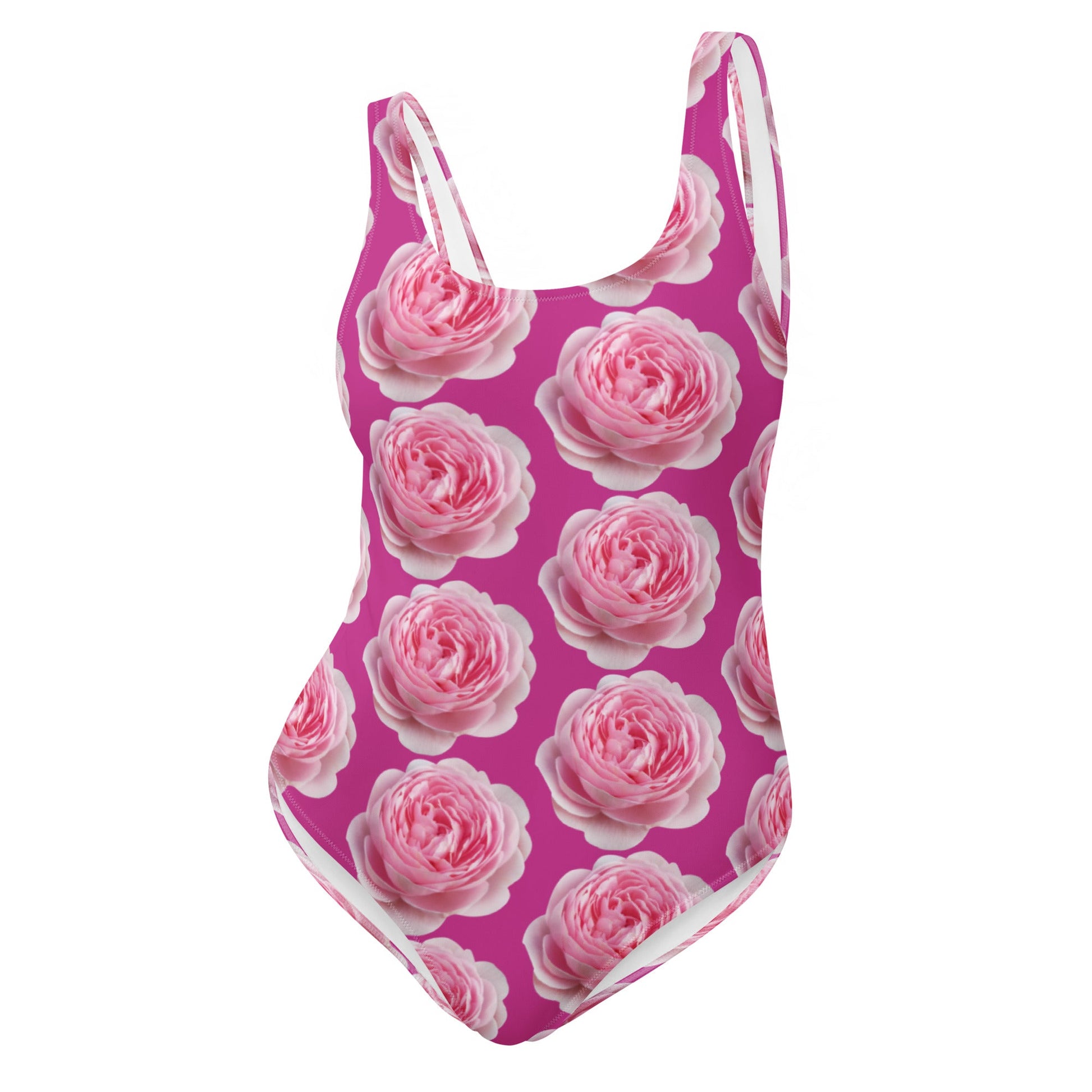 Women's One - Piece Swimsuit, Pink Peony Floral Bathing Suit, Medium Red Violet Summer Swimwear - PratSN