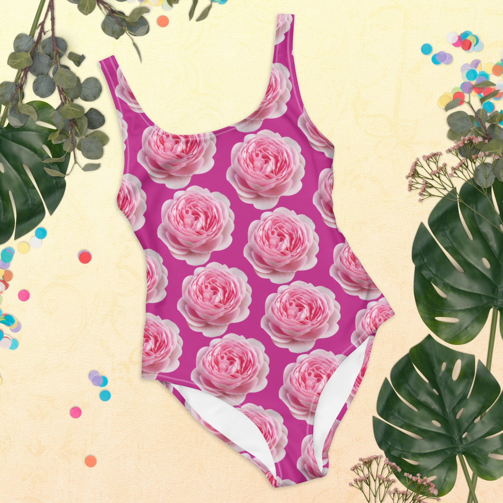 Women's One - Piece Swimsuit, Pink Peony Floral Bathing Suit, Medium Red Violet Summer Swimwear - PratSN