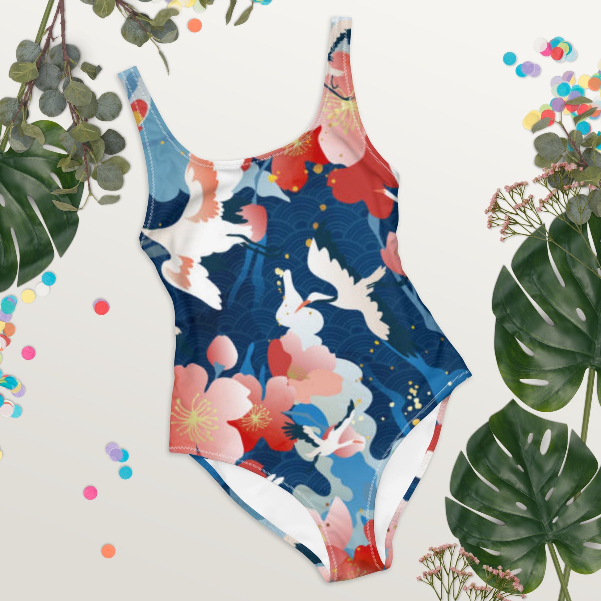 Women's One - Piece Swimsuit, Red Blue White Bird Pattern Swimsuit, swimwear, classic beach dress - PratSN
