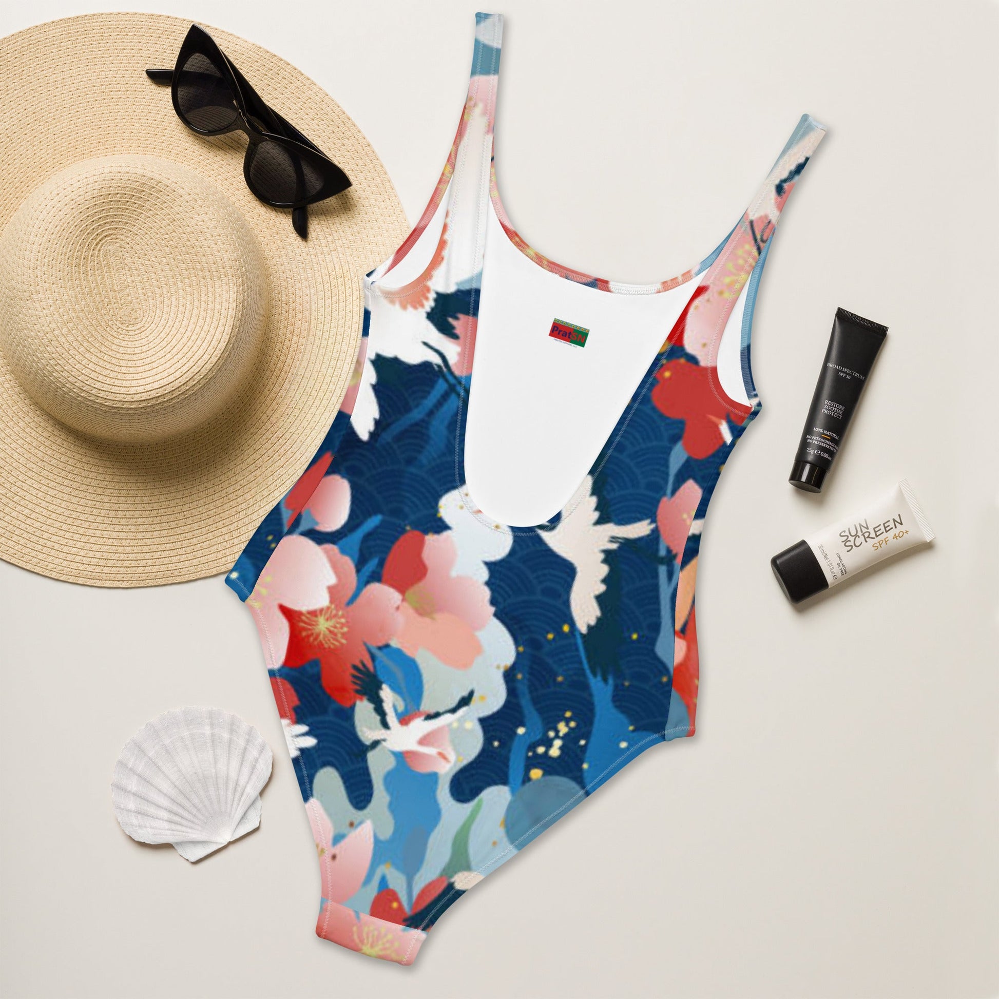 Women's One - Piece Swimsuit, Red Blue White Bird Pattern Swimsuit, swimwear, classic beach dress - PratSN