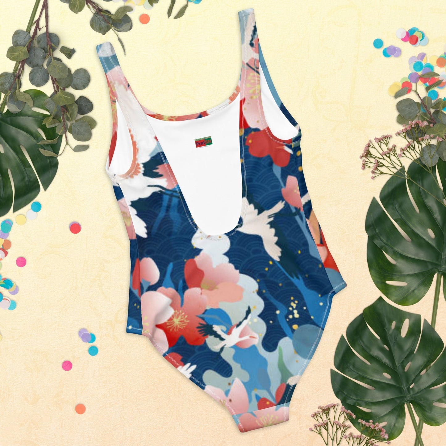Women's One - Piece Swimsuit, Red Blue White Bird Pattern Swimsuit, swimwear, classic beach dress - PratSN