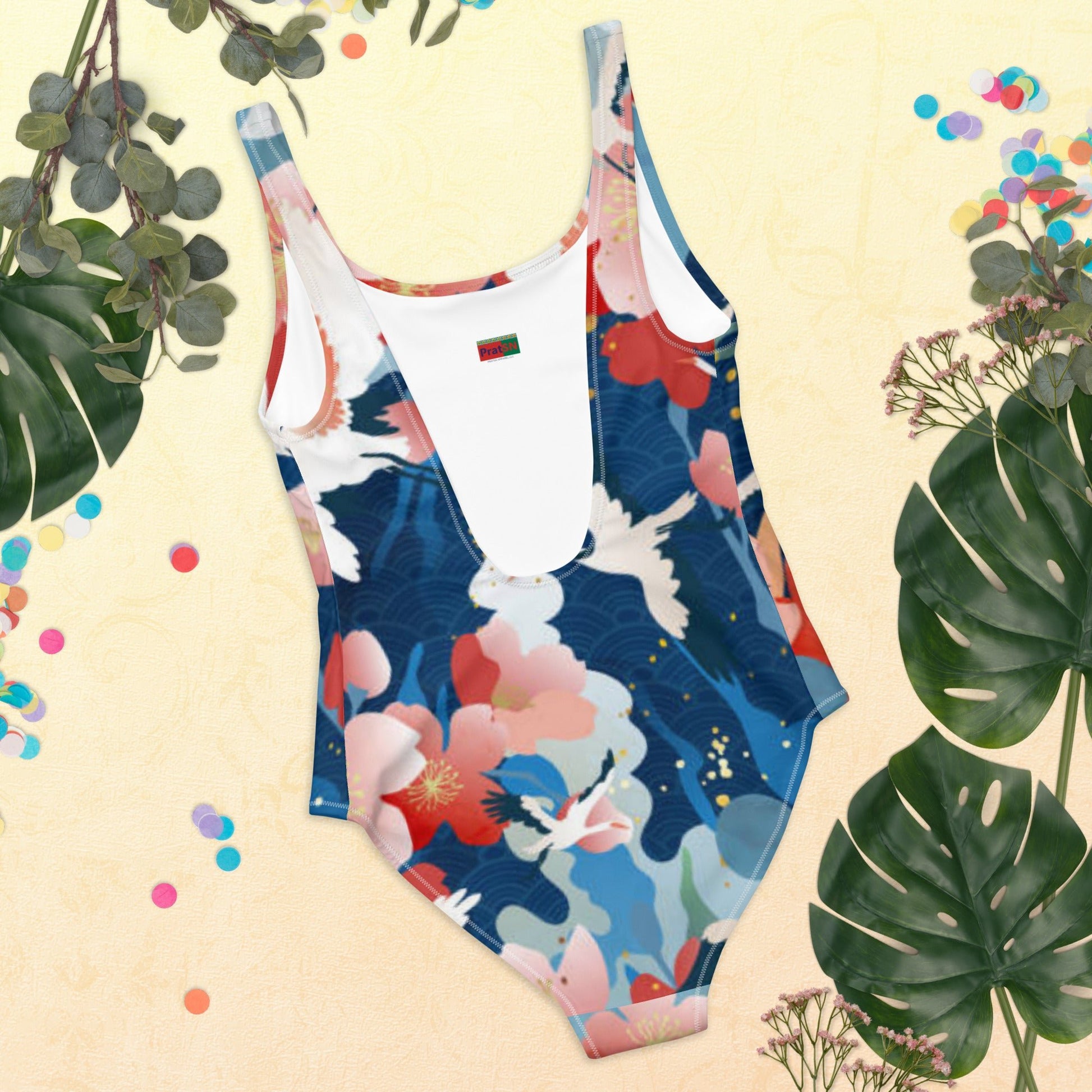 Women's One - Piece Swimsuit, Red Blue White Bird Pattern Swimsuit, swimwear, classic beach dress - PratSN