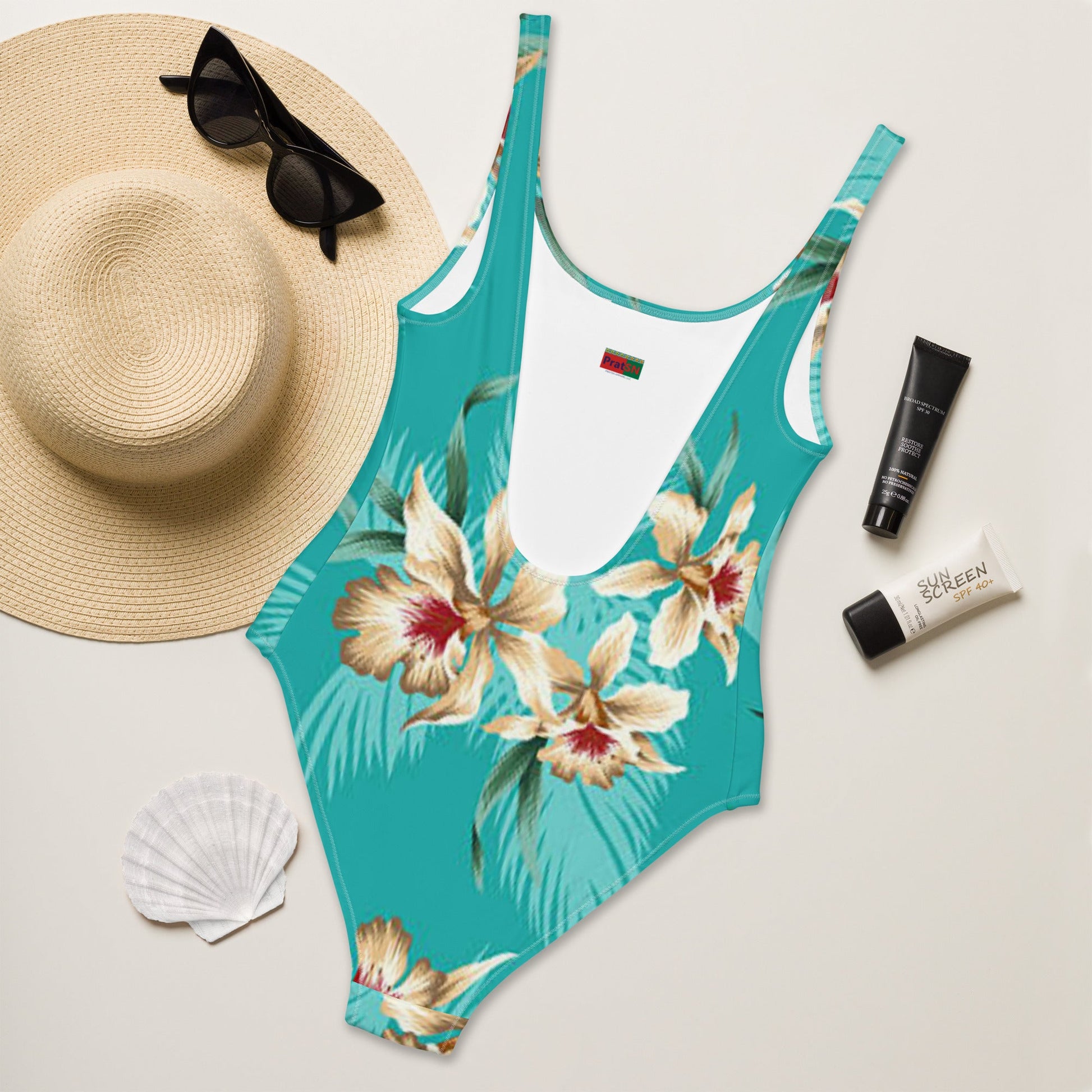 Women's One - Piece Swimsuit, Sea Blue Bathing Suit, Floral Swimwear ,vacation swimwear, holiday travel swimwear, mothers day gift - PratSN