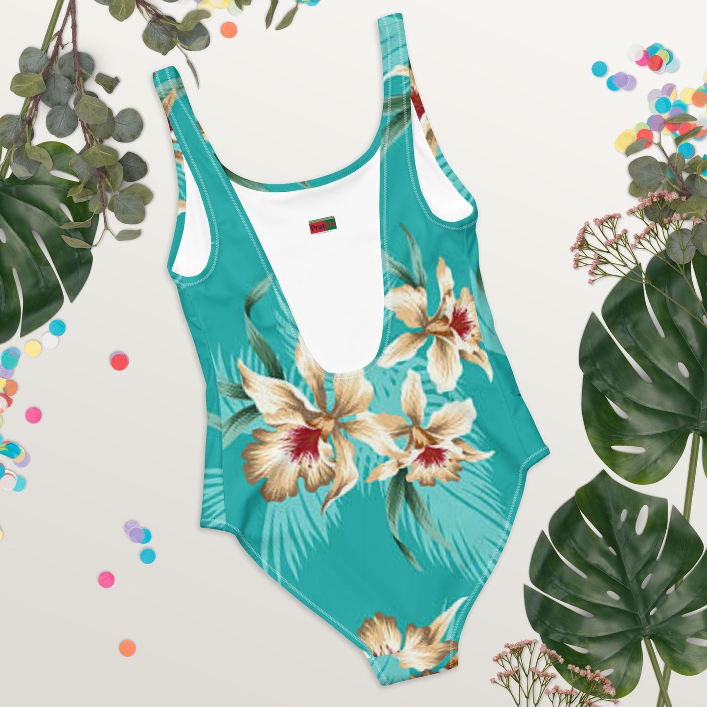 Women's One - Piece Swimsuit, Sea Blue Bathing Suit, Floral Swimwear ,vacation swimwear, holiday travel swimwear, mothers day gift - PratSN