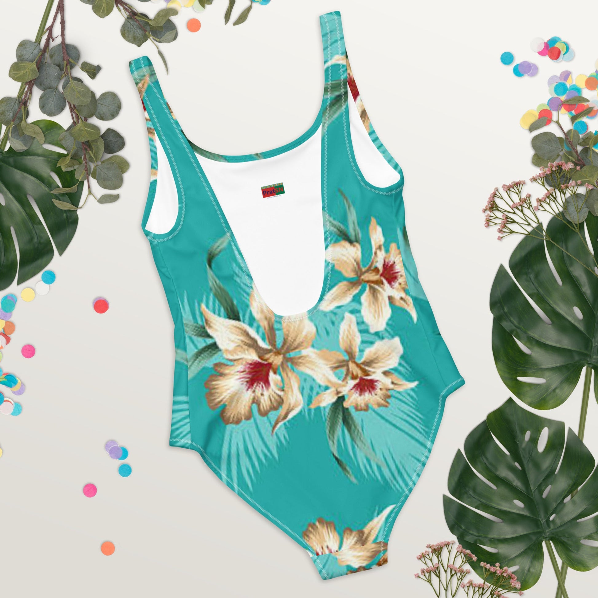 Women's One - Piece Swimsuit, Sea Blue Bathing Suit, Floral Swimwear ,vacation swimwear, holiday travel swimwear, mothers day gift - PratSN