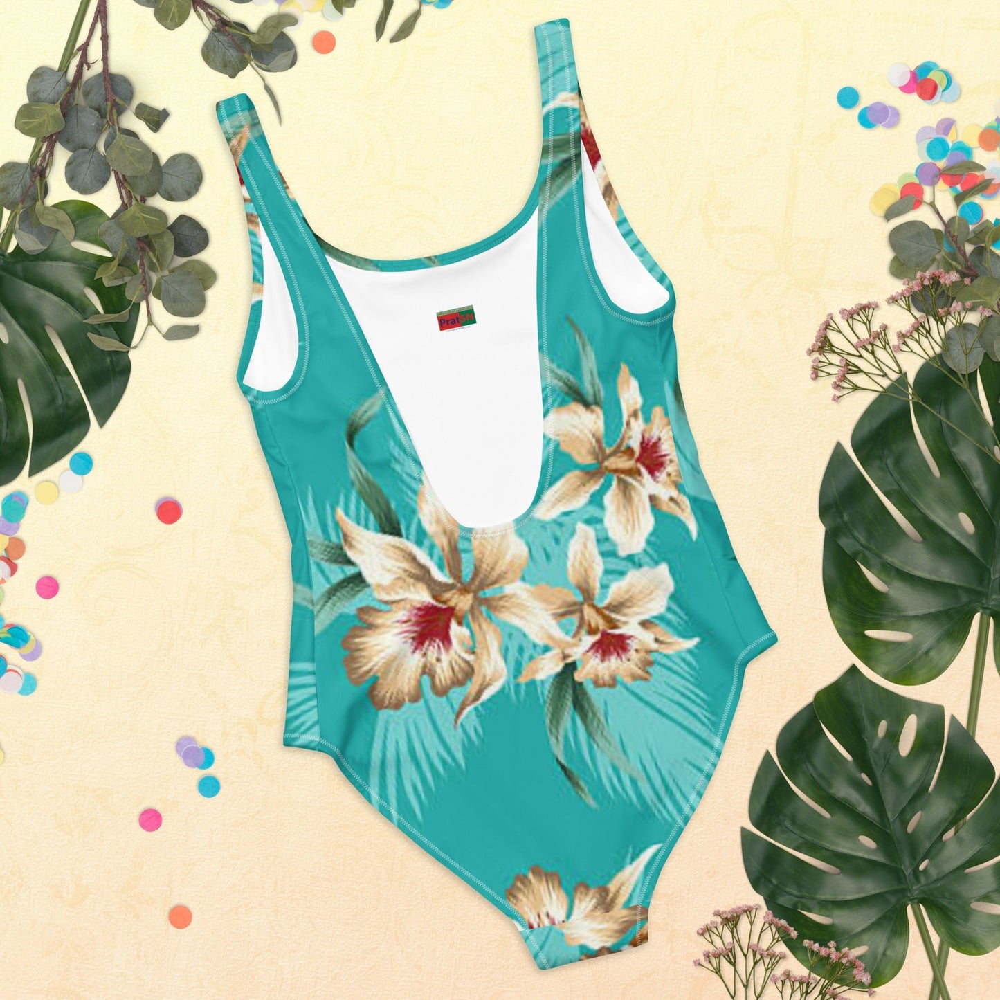 Women's One - Piece Swimsuit, Sea Blue Bathing Suit, Floral Swimwear ,vacation swimwear, holiday travel swimwear, mothers day gift - PratSN