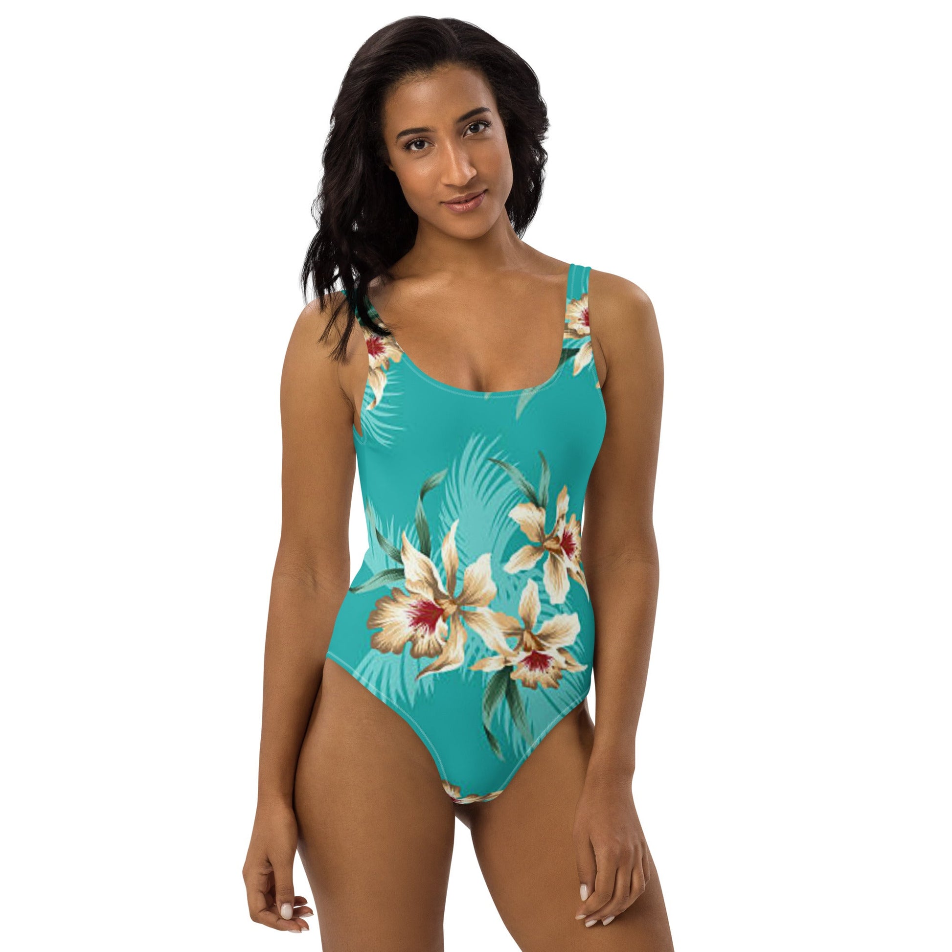 Women's One - Piece Swimsuit, Sea Blue Bathing Suit, Floral Swimwear ,vacation swimwear, holiday travel swimwear, mothers day gift - PratSN