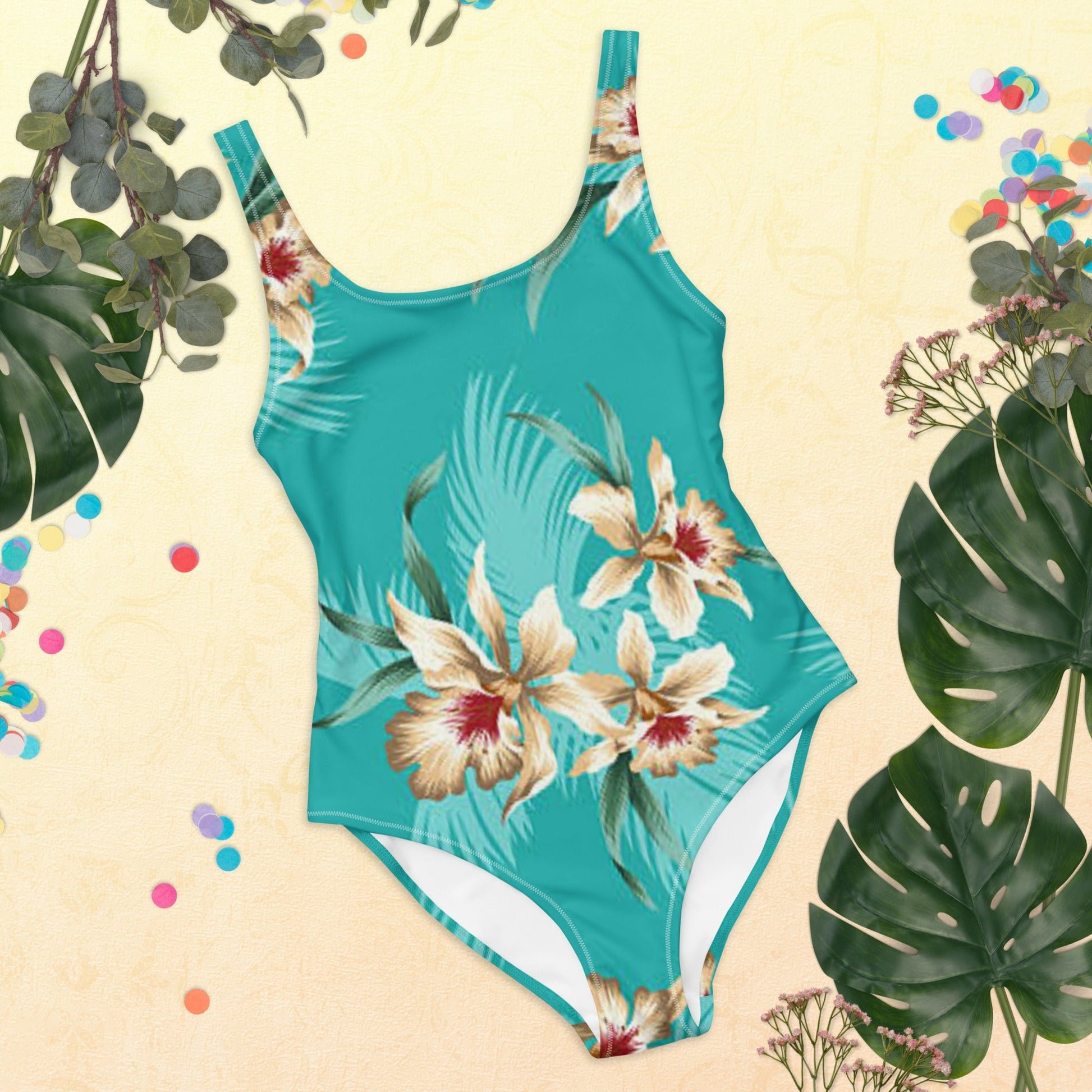 Women's One - Piece Swimsuit, Sea Blue Bathing Suit, Floral Swimwear ,vacation swimwear, holiday travel swimwear, mothers day gift - PratSN