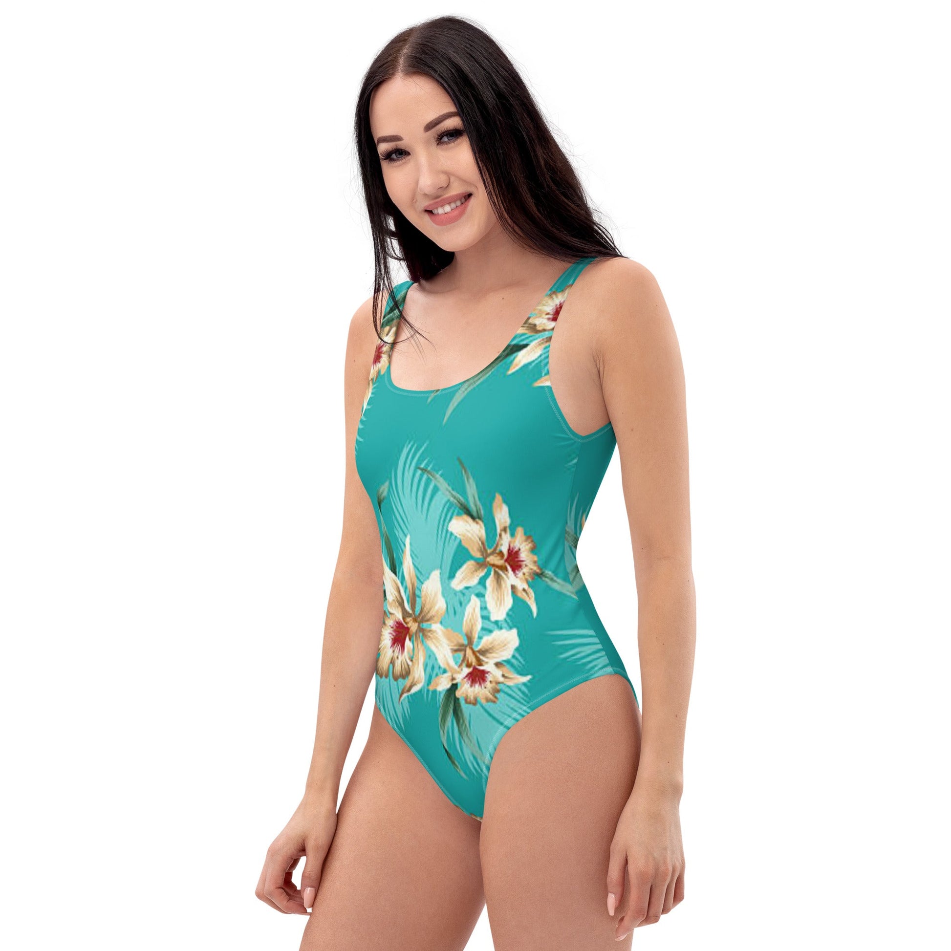Women's One - Piece Swimsuit, Sea Blue Bathing Suit, Floral Swimwear ,vacation swimwear, holiday travel swimwear, mothers day gift - PratSN