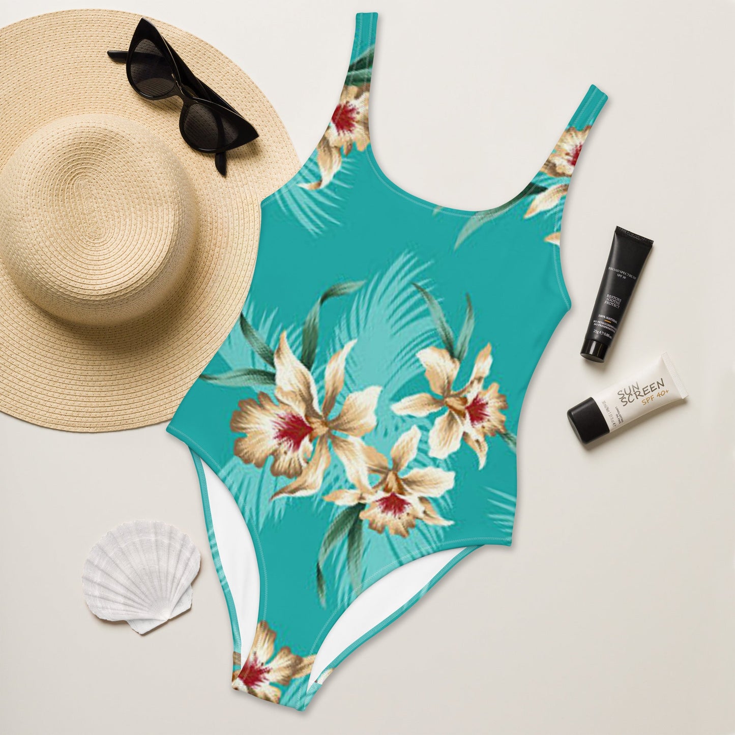 Women's One - Piece Swimsuit, Sea Blue Bathing Suit, Floral Swimwear ,vacation swimwear, holiday travel swimwear, mothers day gift - PratSN