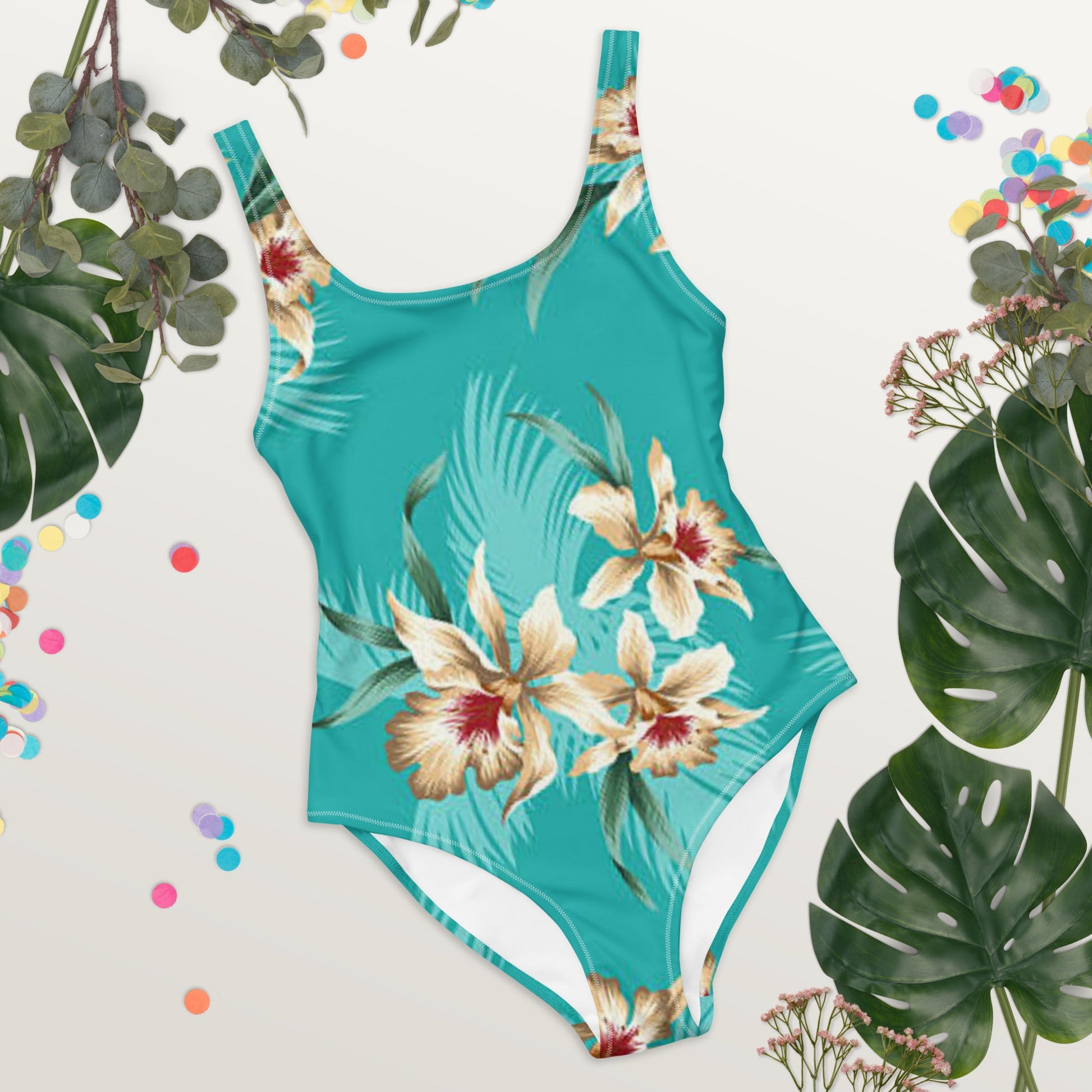 Women's One - Piece Swimsuit, Sea Blue Bathing Suit, Floral Swimwear ,vacation swimwear, holiday travel swimwear, mothers day gift - PratSN
