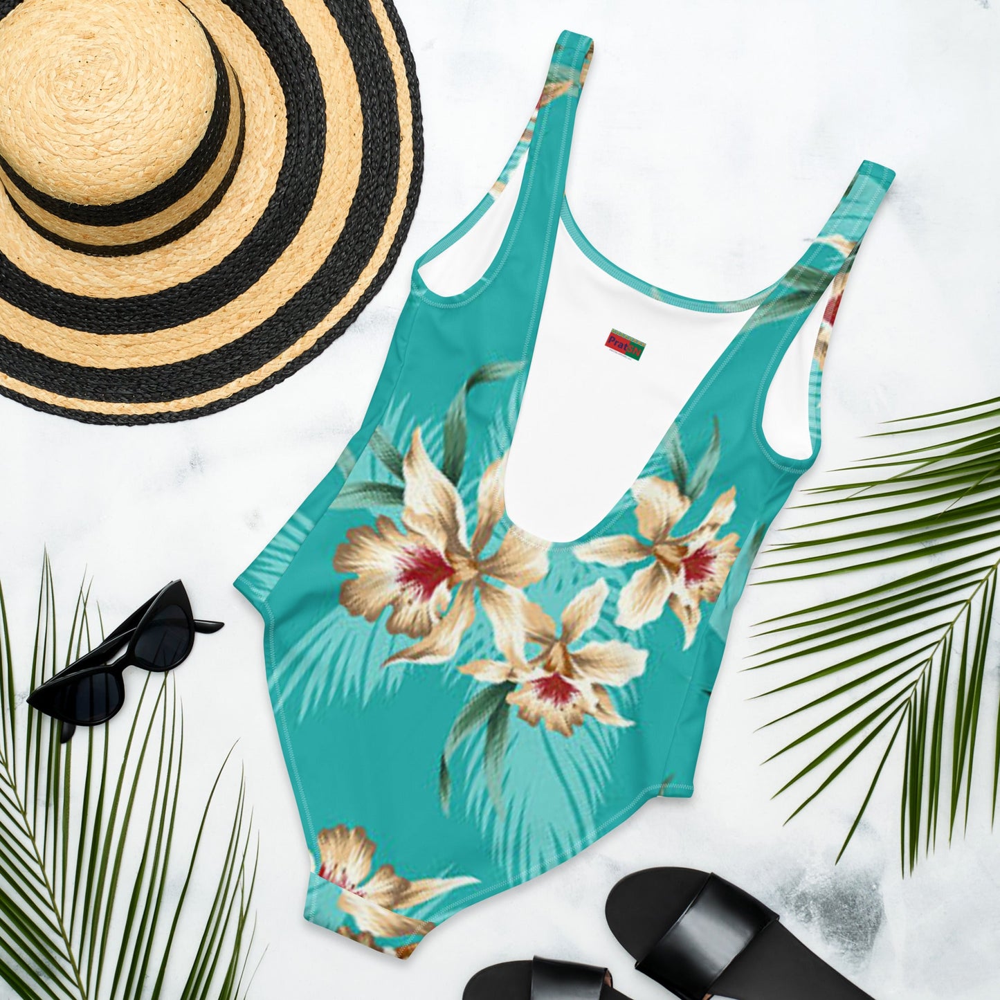 Women's One - Piece Swimsuit, Sea Blue Bathing Suit, Floral Swimwear ,vacation swimwear, holiday travel swimwear, mothers day gift - PratSN