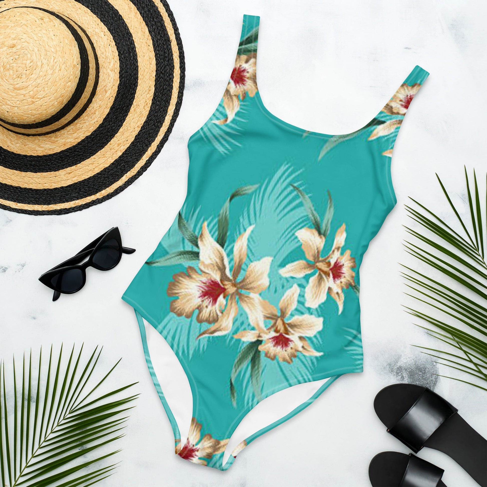 Women's One - Piece Swimsuit, Sea Blue Bathing Suit, Floral Swimwear ,vacation swimwear, holiday travel swimwear, mothers day gift - PratSN