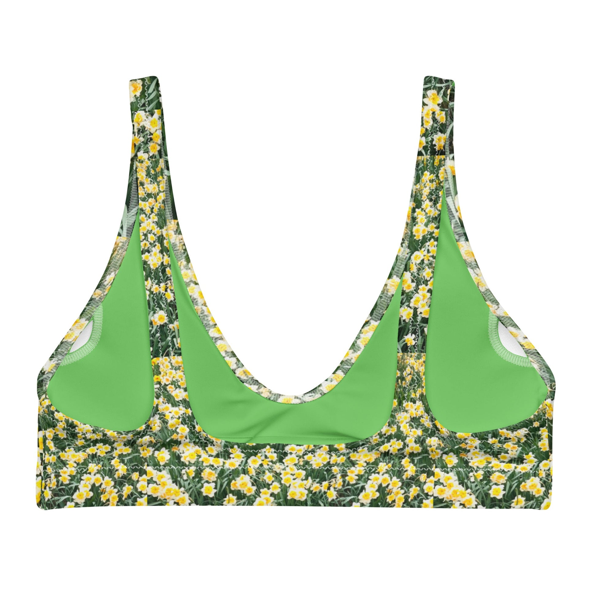Women's padded bikini top, green floral swimwear, classic beach dress - PratSN