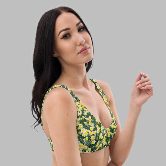Women's padded bikini top, green floral swimwear, classic beach dress - PratSN