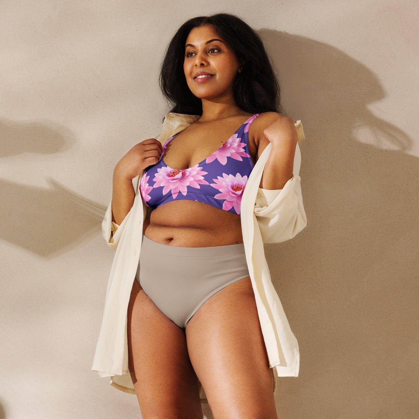 Women's padded bikini top, Pink Flower Swimsuit, purple Swimwear, classic beach dress - PratSN