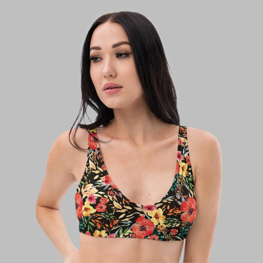 Women's padded bikini top, Recycled padded bikini top, Black, yellow and pink bikini top, Multicolor bikini top, Floral pattern bikini top, Beach dress, Beach dress for summer and spring - PratSN