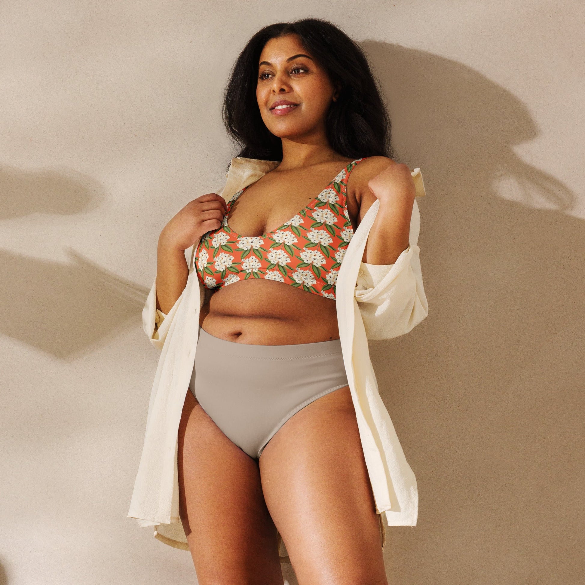 Women's padded bikini top, Recycled padded bikini top, Saffron and white bikini top, Blooming pattern bikini top, Beach dress, Beach dress for summer and spring - PratSN