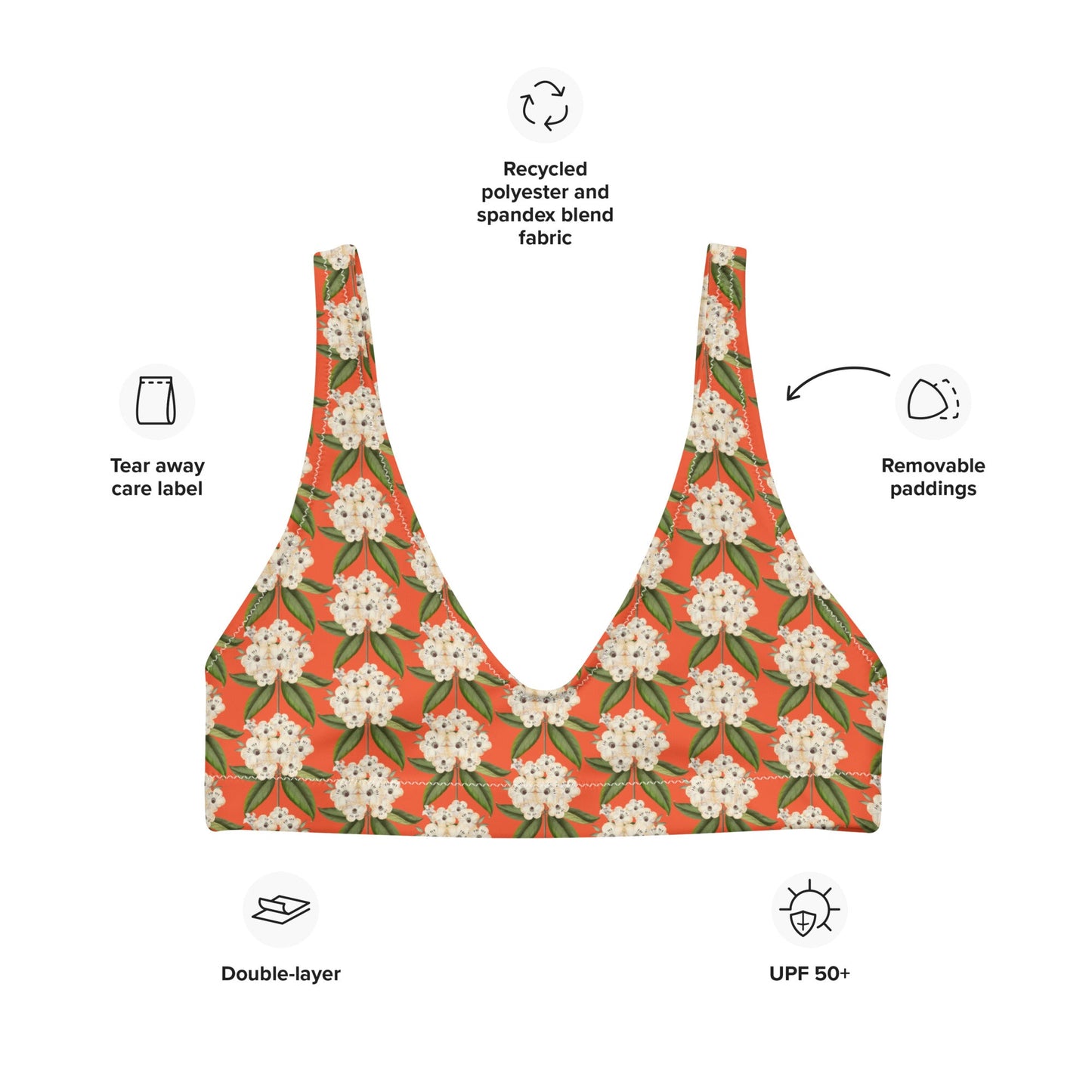 Women's padded bikini top, Recycled padded bikini top, Saffron and white bikini top, Blooming pattern bikini top, Beach dress, Beach dress for summer and spring - PratSN