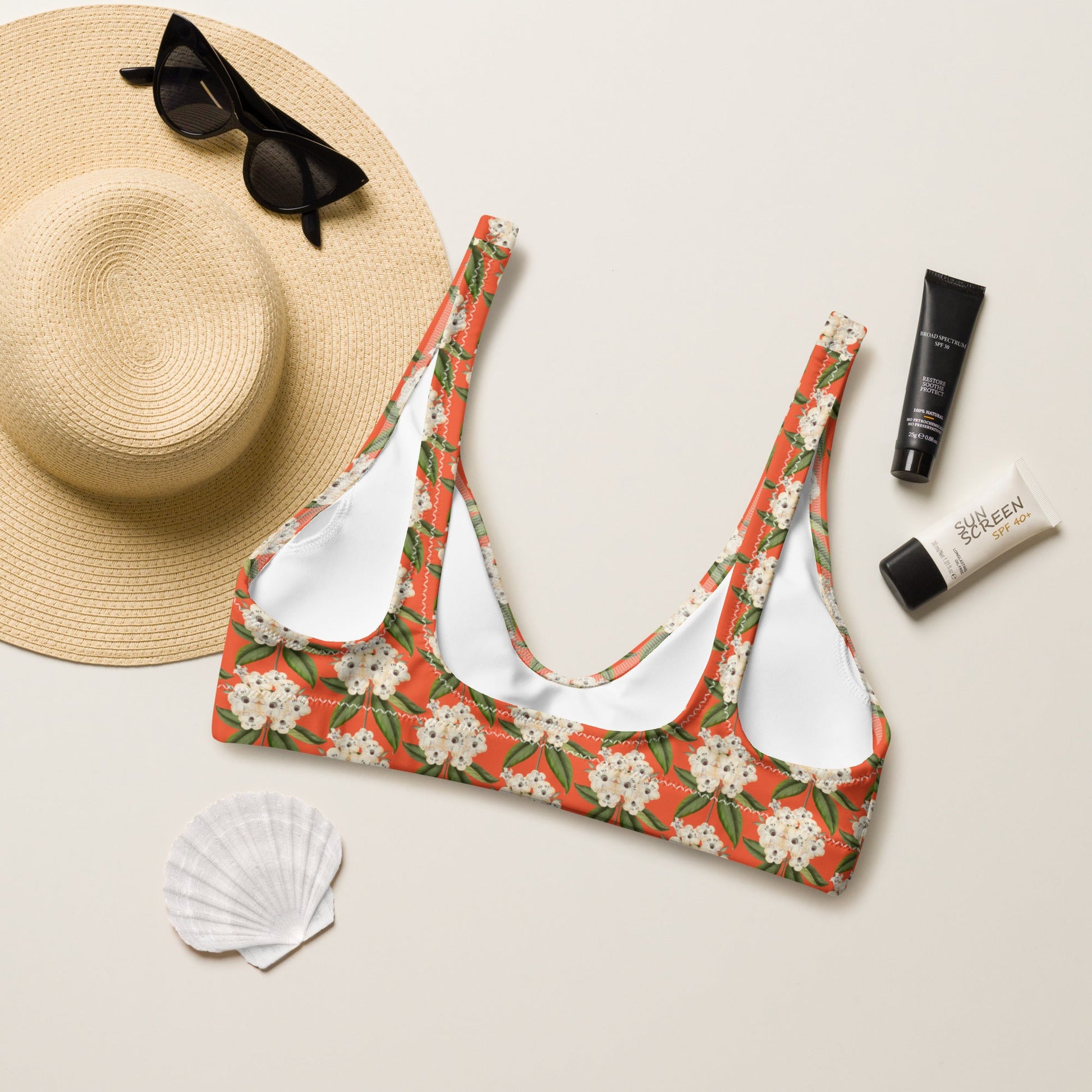 Women's padded bikini top, Recycled padded bikini top, Saffron and white bikini top, Blooming pattern bikini top, Beach dress, Beach dress for summer and spring - PratSN