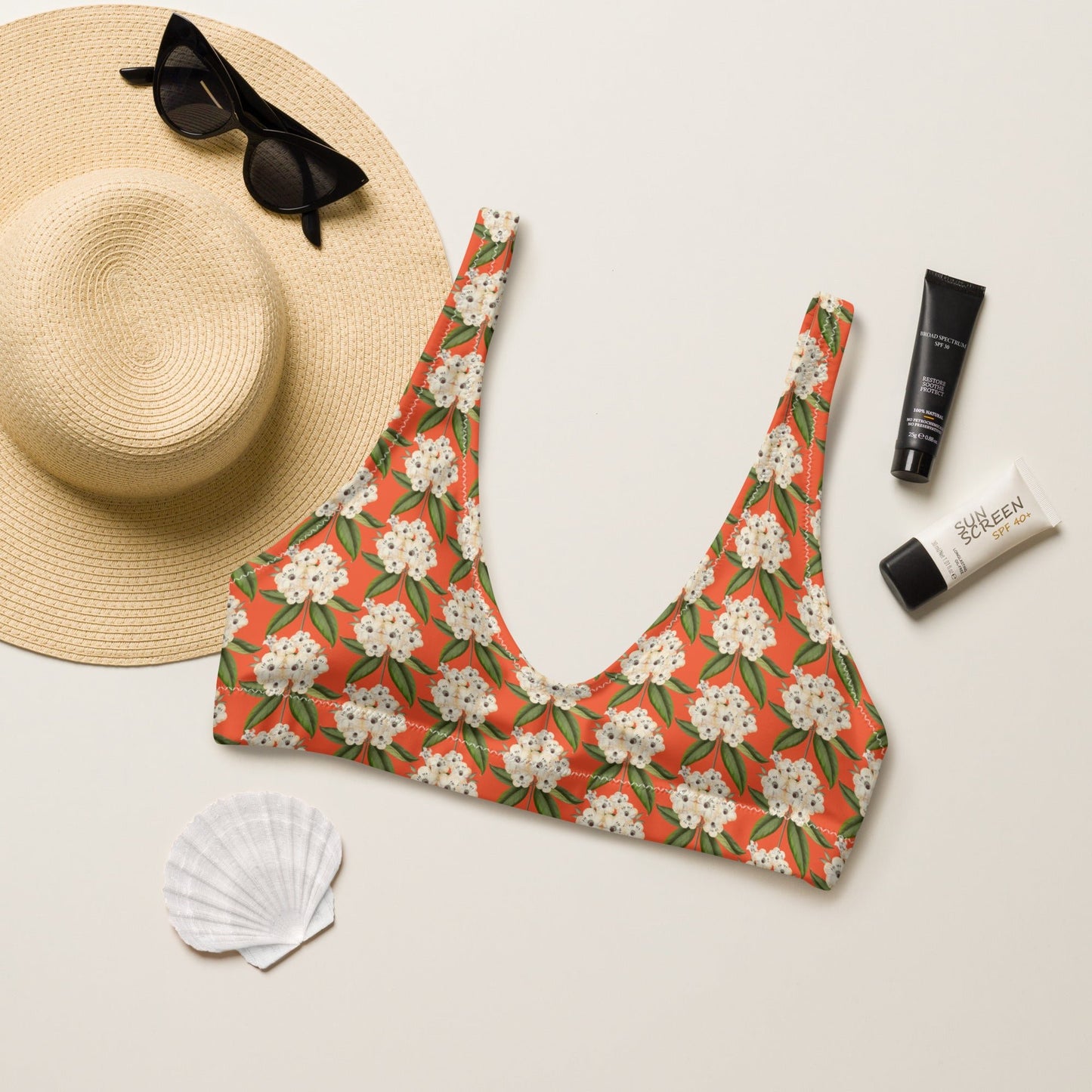 Women's padded bikini top, Recycled padded bikini top, Saffron and white bikini top, Blooming pattern bikini top, Beach dress, Beach dress for summer and spring - PratSN