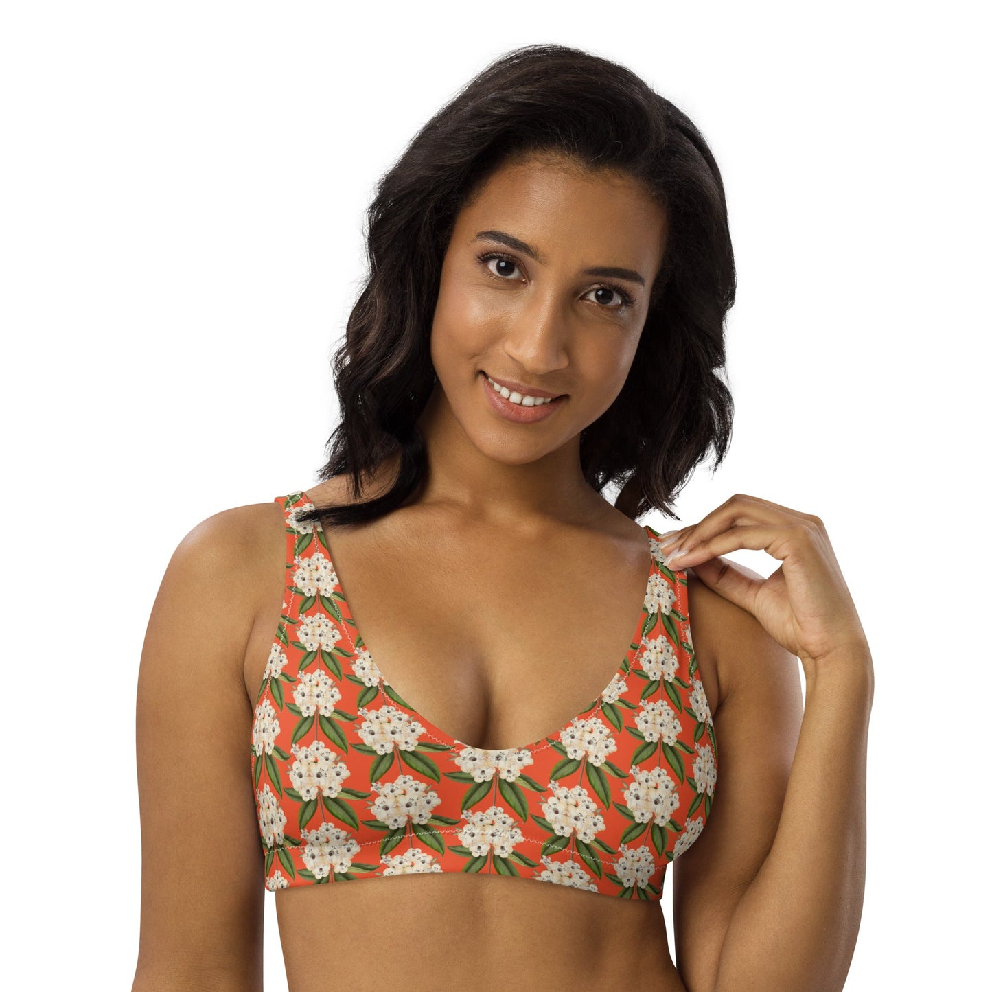 Women's padded bikini top, Recycled padded bikini top, Saffron and white bikini top, Blooming pattern bikini top, Beach dress, Beach dress for summer and spring - PratSN