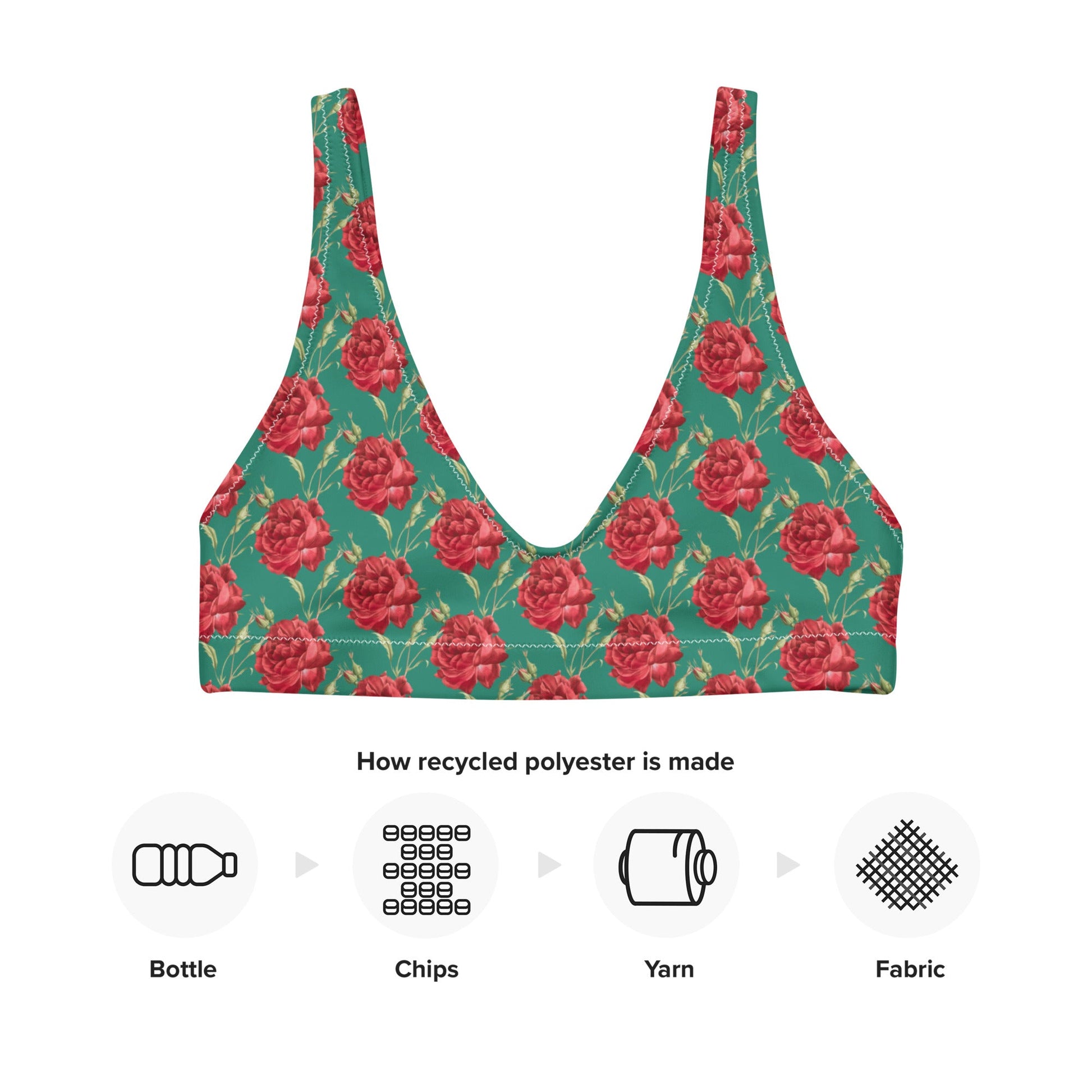 Women's padded bikini top' Red Roses swimwear, classic beach dress - PratSN
