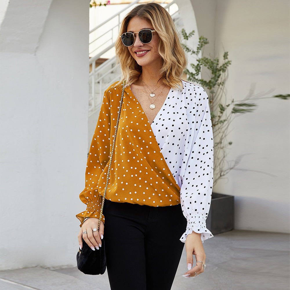 Women's Patchwork Polka Dot Long Sleeve Top Casual Shirt - PratSN