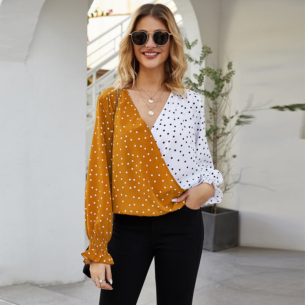 Women's Patchwork Polka Dot Long Sleeve Top Casual Shirt - PratSN