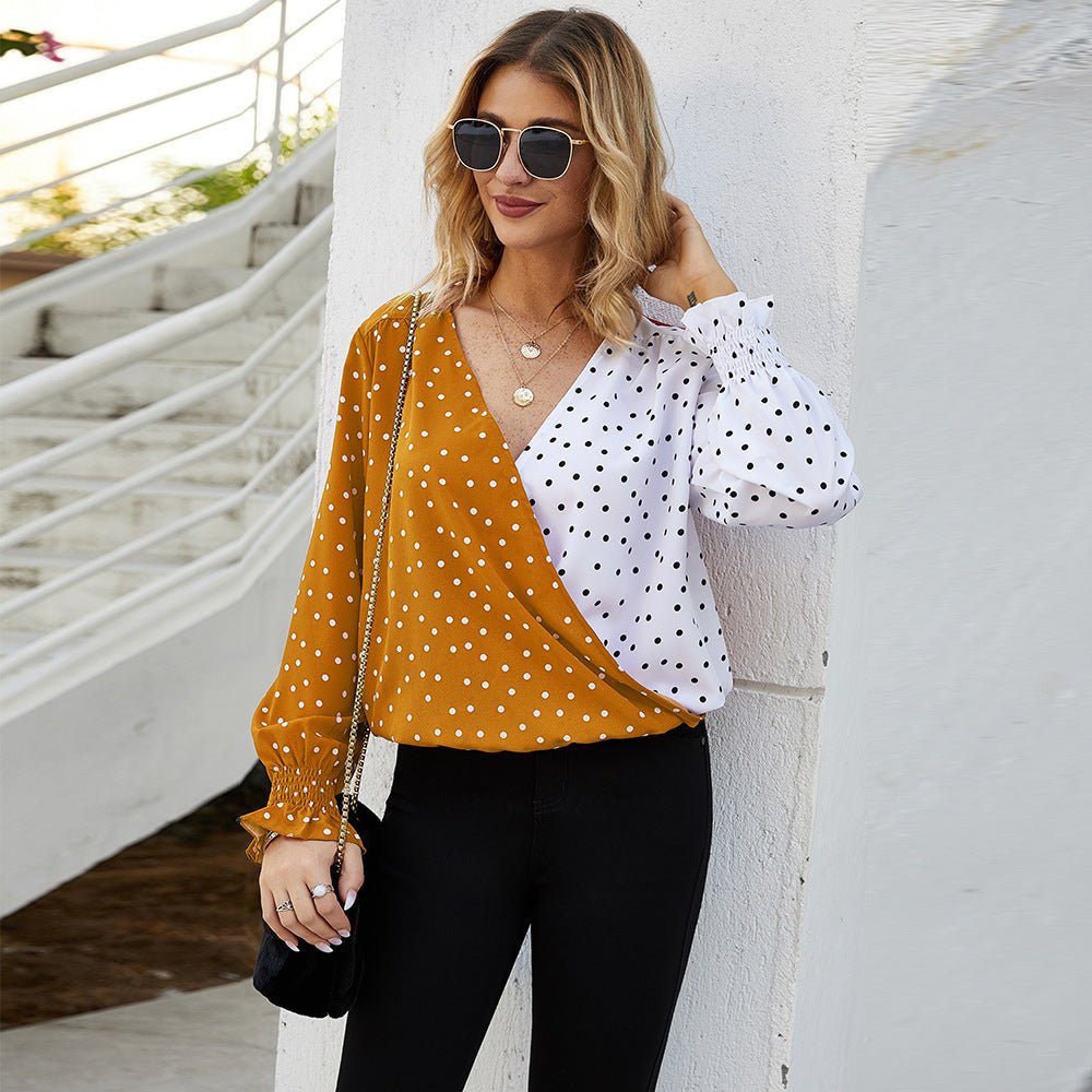 Women's Patchwork Polka Dot Long Sleeve Top Casual Shirt - PratSN