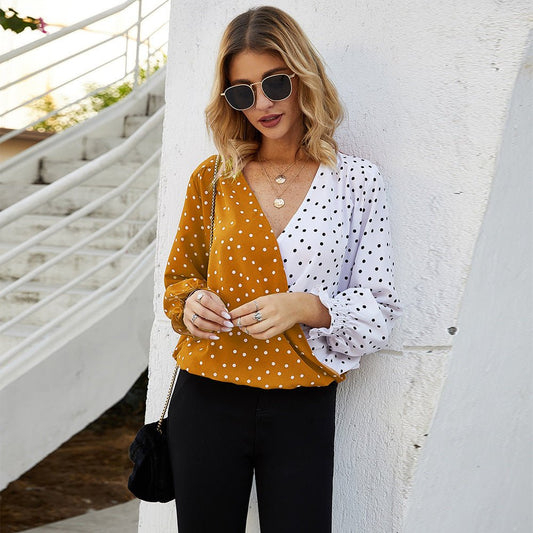 Women's Patchwork Polka Dot Long Sleeve Top Casual Shirt - PratSN