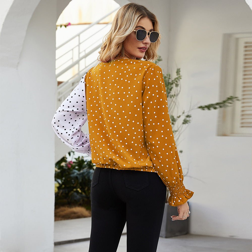 Women's Patchwork Polka Dot Long Sleeve Top Casual Shirt - PratSN