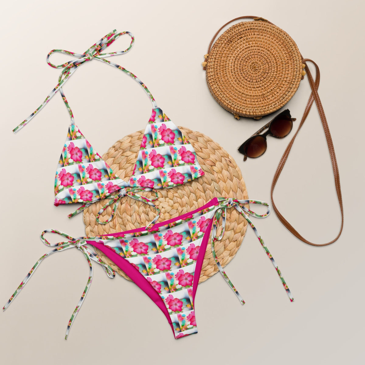 Women's Pink Floral All-over print string bikini Set - PratSN