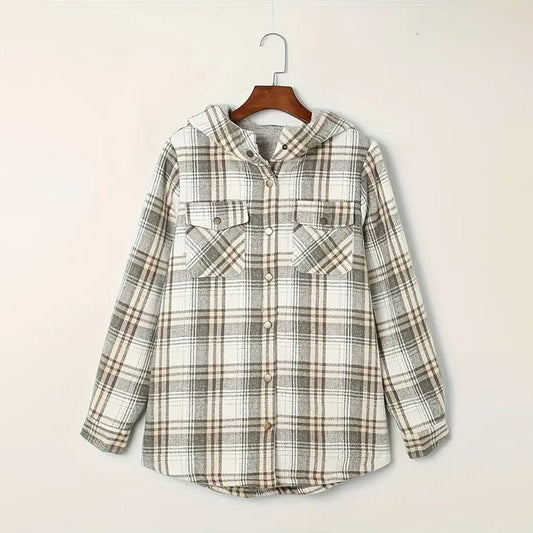 Women's Plaid Button - Up Long Sleeve Jacket Fall Winter Flap Button Pocket Design - PratSN
