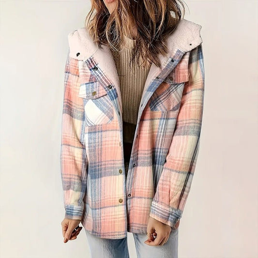 Women's Plaid Button - Up Long Sleeve Jacket Fall Winter Flap Button Pocket Design - PratSN