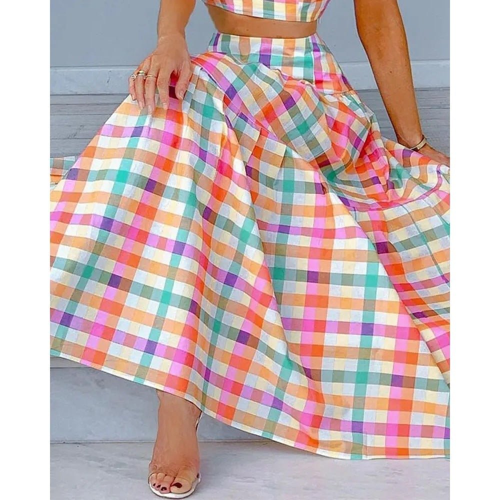 Women's Plaid Print Tied Crop Top Skirt Set Bow - PratSN