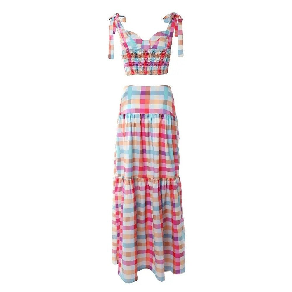 Women's Plaid Print Tied Crop Top Skirt Set Bow - PratSN