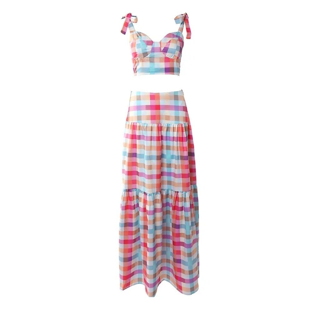Women's Plaid Print Tied Crop Top Skirt Set Bow - PratSN