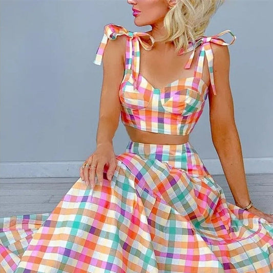 Women's Plaid Print Tied Crop Top Skirt Set Bow - PratSN