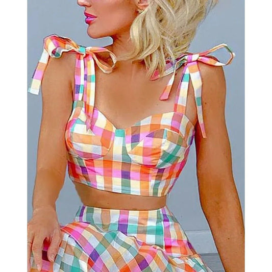 Women's Plaid Print Tied Crop Top Skirt Set Bow - PratSN